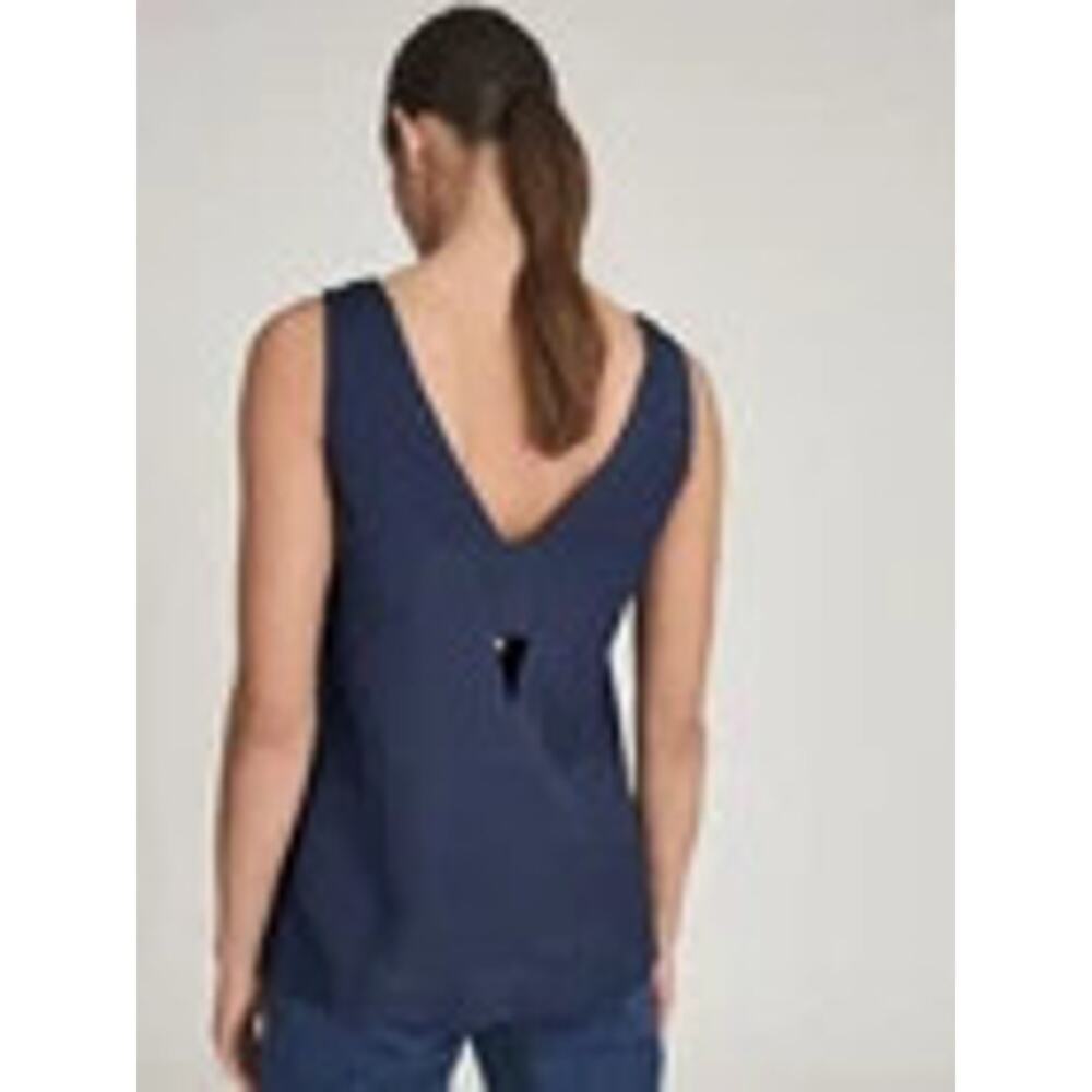 Reiss Emi Linen Blend V Neck Top, Ladder Cut Out Bars, Blue, Sz 2 - Picture 3 of 11